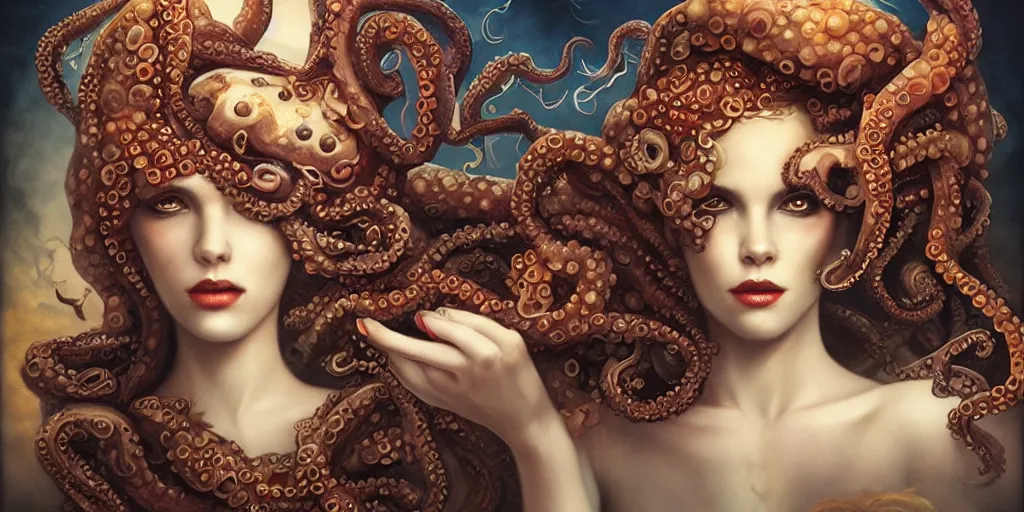 Image similar to queen of octopus with pearls embedded, nouveau, beautiful, by Anato Finnstark, Tom Bagshaw, Brom