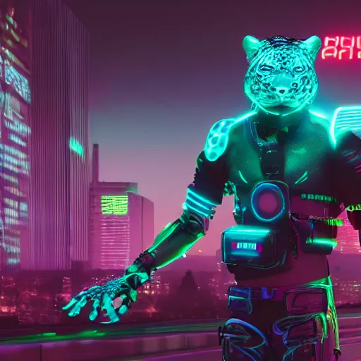 Image similar to a neon cyberpunk cyborg jaguar, octane render