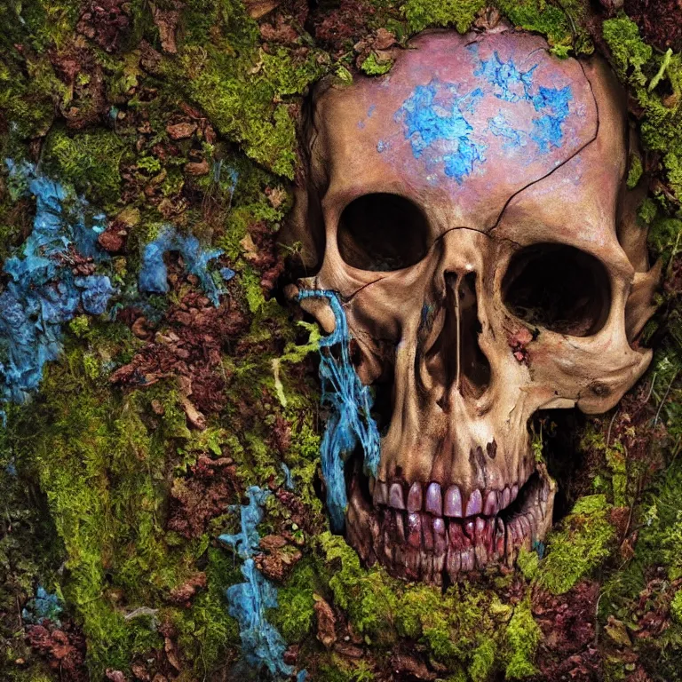 Prompt: A beautiful oil painting hyperrealism of a decayed zombie head, rotting clay skin, skull bones, veins of moss, 8k resolution, octane render, Trending on artstation, by Gediminas Pranckevicius, volumetric light 2blue fractal Thunder glow by dan mumford, anaglyph effect, Laurie Lipton