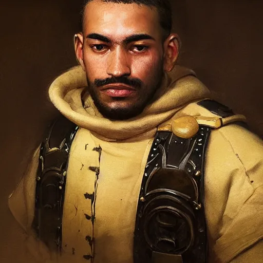 Prompt: Medium closeup young idealistic and pious homely male Imperial soldier wearing a black tabard with light yellow accents over a brown gambeson and a barbute!!!!! helm, by Raymond Swanland Greg Rutkowski Lise Deharm, {perfect face}, {perfect eyes}, {uncertain look}, {on edge}