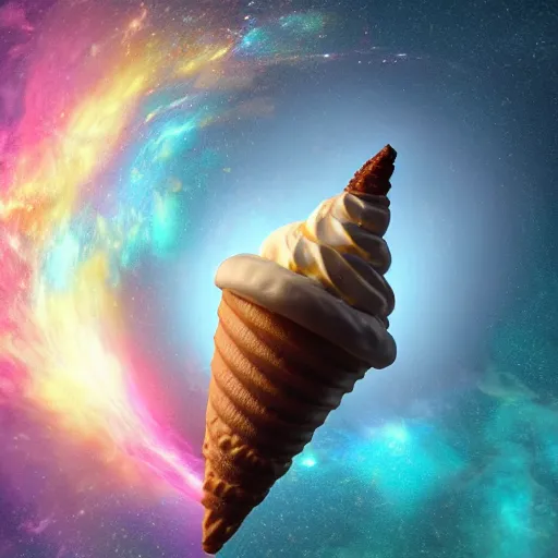 Image similar to dramatic render of a nebulous ice cream cone floating in space, radiating with a supernova of flavors, cgsociety, artstation, 4k