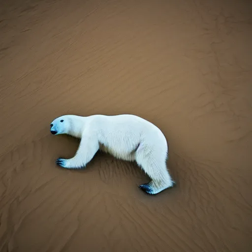 Image similar to multicolor photo of polar bear sits in the sahara desert by steve mccurry created at modern world in 4 k ultra high resolution and with medium shot, with funny feeling