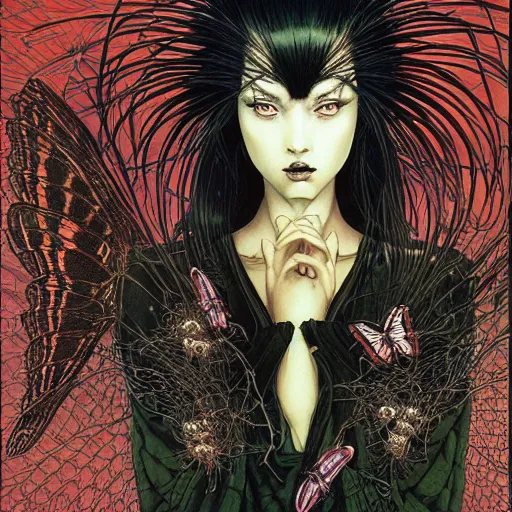 Image similar to portrait of crazy dark girl with insects, symmetrical, by yoichi hatakenaka, masamune shirow, josan gonzales and dan mumford, ayami kojima, takato yamamoto, barclay shaw, karol bak, yukito kishiro