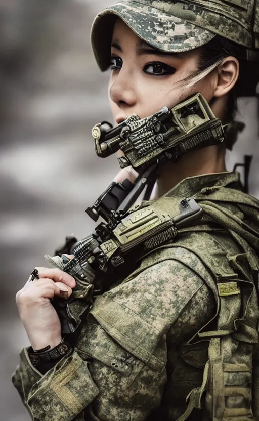 Prompt: portrait photo, highly detailed, high resolution, cosplay photo, stunning, girls frontline style, bokeh soft, 100mm, trending on instagram, by award winning photographer, realistic human anatomy, real human faces, realistic military carrier, soldier clothing, modern warfare, empty hands, shot with a canon, low saturation, soldier clothing