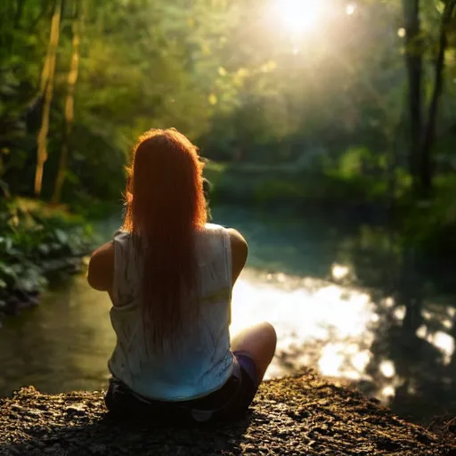 Prompt: back view of a young lady washing her long hair by the river in a grown forest, sunlight reflected on the river