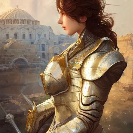 Image similar to portrait knights of Zodiac girl, silver and ice color reflected armor, in ruined Agora of Athens, ssci-fi, fantasy, intricate, very very beautiful, elegant, golden light, highly detailed, digital painting, artstation, concept art, smooth, sharp focus, illustration, art by tian zi and WLOP and alphonse mucha