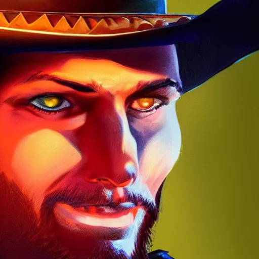 Image similar to Bright, colorful, realistic cowboy rpg single individual headshot dramatic backlighting, kodachrome, high contrast, highly detailed, sharp focus, digital painting, concept art, illustration, trending on artstation, comic book by Alex Ross cover art