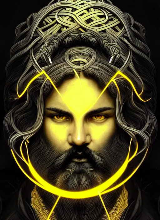 Image similar to furious god zeus, wavy black hair, bushy beard, glowing eyes, thunder forehead tattoo, volumetric lights, black and yellow scheme, art nouveau botanicals, gothic, intricate, highly detailed, digital painting, artstation, concept art, smooth, sharp focus, symmetric face, illustration, steampunk, art by artgerm and greg rutkowski and alphonse mucha