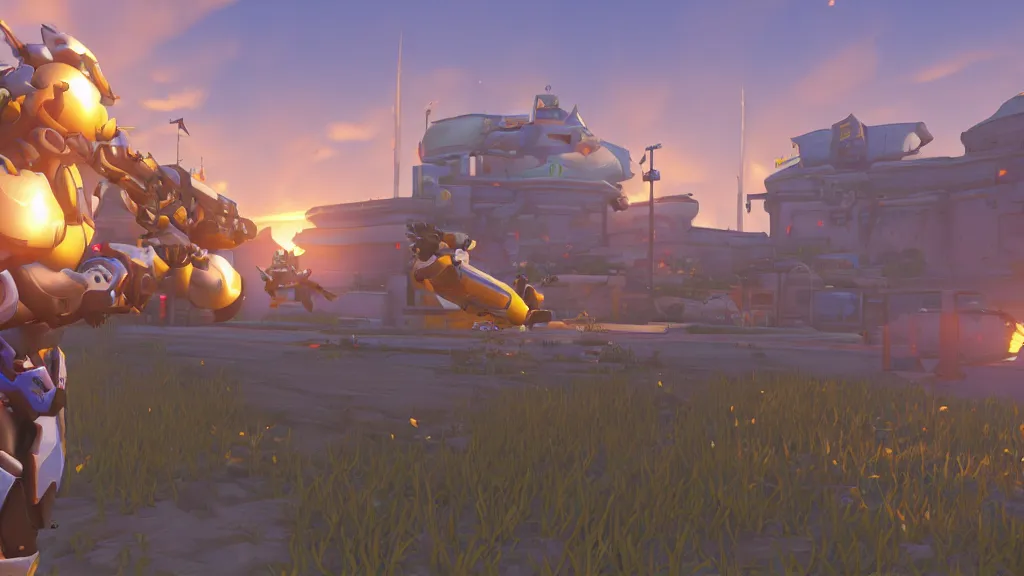 Prompt: Screenshot from Overwatch, at a countryside corn field