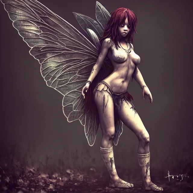 Image similar to full body pose, beautiful adult native fairy, dirty, grungy, grunge, highly detailed, 4 k, hdr, smooth, sharp focus, high resolution, award - winning photo, artgerm, photorealistic