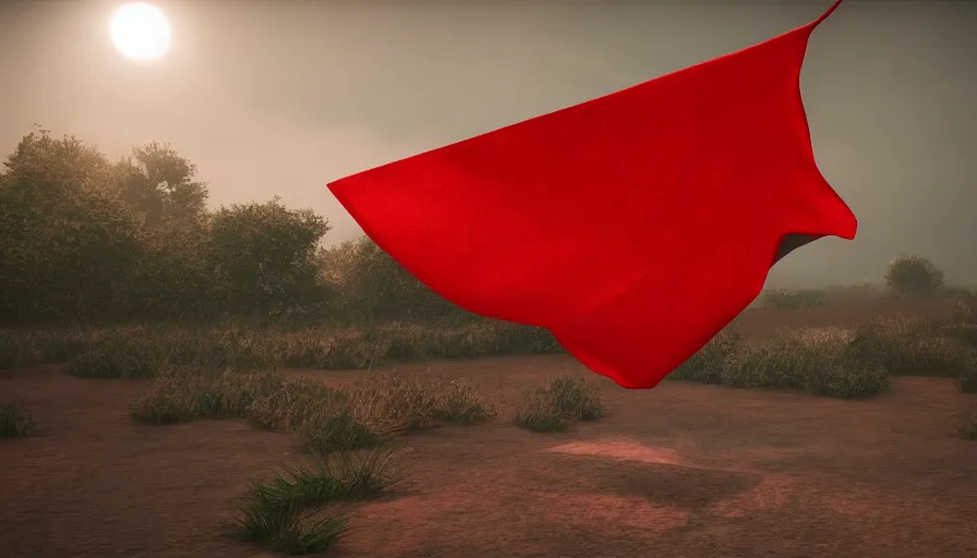 Image similar to red cloth floating, cloth simulation, realistic, volumetric lighting, octane, redshift, 4 k