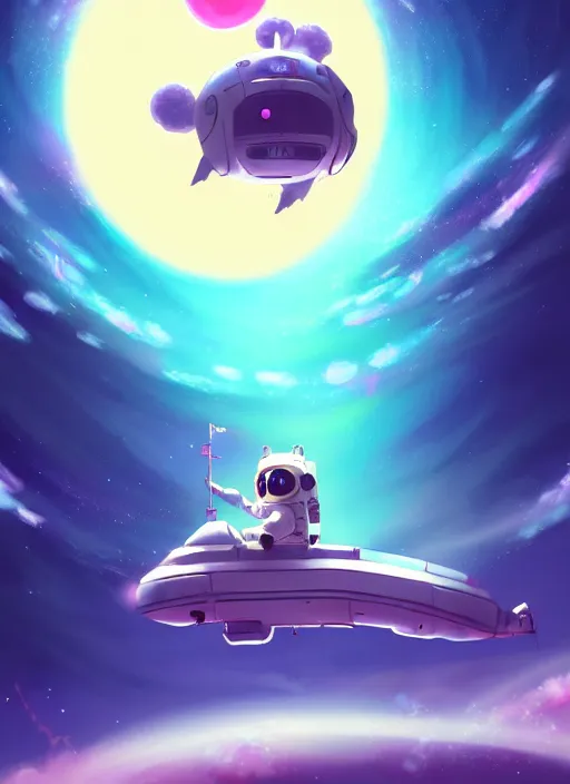 Image similar to a still of a cute kawaii astronaut android riding a large neon kaiju dragon, nebulous background of dynamic space, a dramatic composition by wlop and greg rutkowski and makoto shinkai and studio ghibli and kyoto animation cute bubbly clothing, highly detailed, digital painting, matte