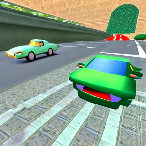 Prompt: screenshot of a carjacking in super mario 6 4