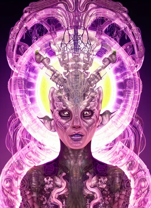 Image similar to 3 d goddess medium shot half - portrait with hyperdimensional mycorrhizal fungal implants. beautiful intricately detailed avante garde biopunk mask and alchemical retrowave sorceress outfit. glowing bio luminescent outline, storm, pulse projections, plasma, creature, artwork by tooth wu and wlop and android jones and beetle and greg rutkowsk