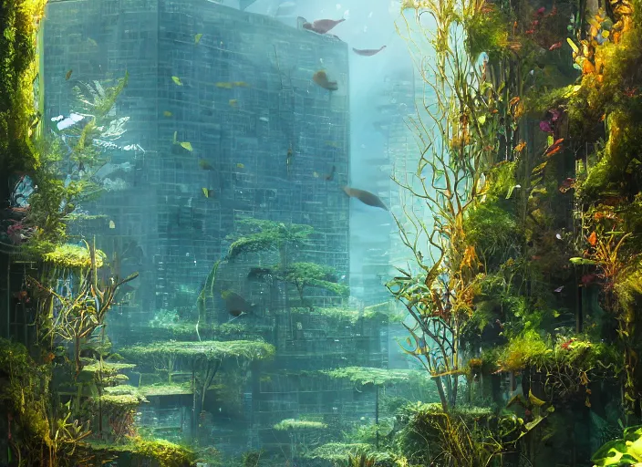 Image similar to overgrown foliage overtaking tall buildings, underwater environment, storefronts, coral, scenery, professional, award - winning, trending on artstation, detailed, realistic, beautiful, emotional, shiny, golden, picture