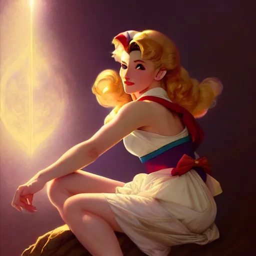 Image similar to Masterpiece Portrait of Sailor Moon, dark fantasy, medium shot, intricate, elegant, highly detailed, digital painting, volumetric light, artstation, concept art, smooth, sharp focus, illustration, art by Gil Elvgren and Greg Rutkowski and Alphonse Mucha