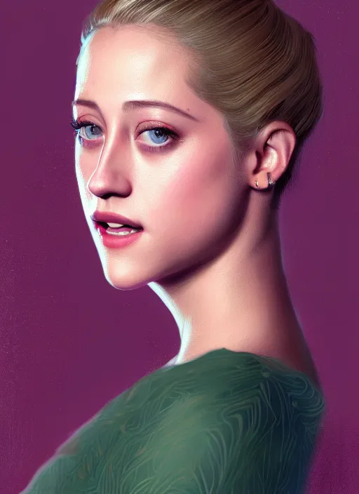 Image similar to portrait of lili reinhart, smiling kindly, bangs, 1 9 6 0 s, ponytail, bangs and ponytail, intricate, elegant, glowing lights, highly detailed, digital painting, artstation, concept art, smooth, sharp focus, illustration, art by wlop, mars ravelo and greg rutkowski