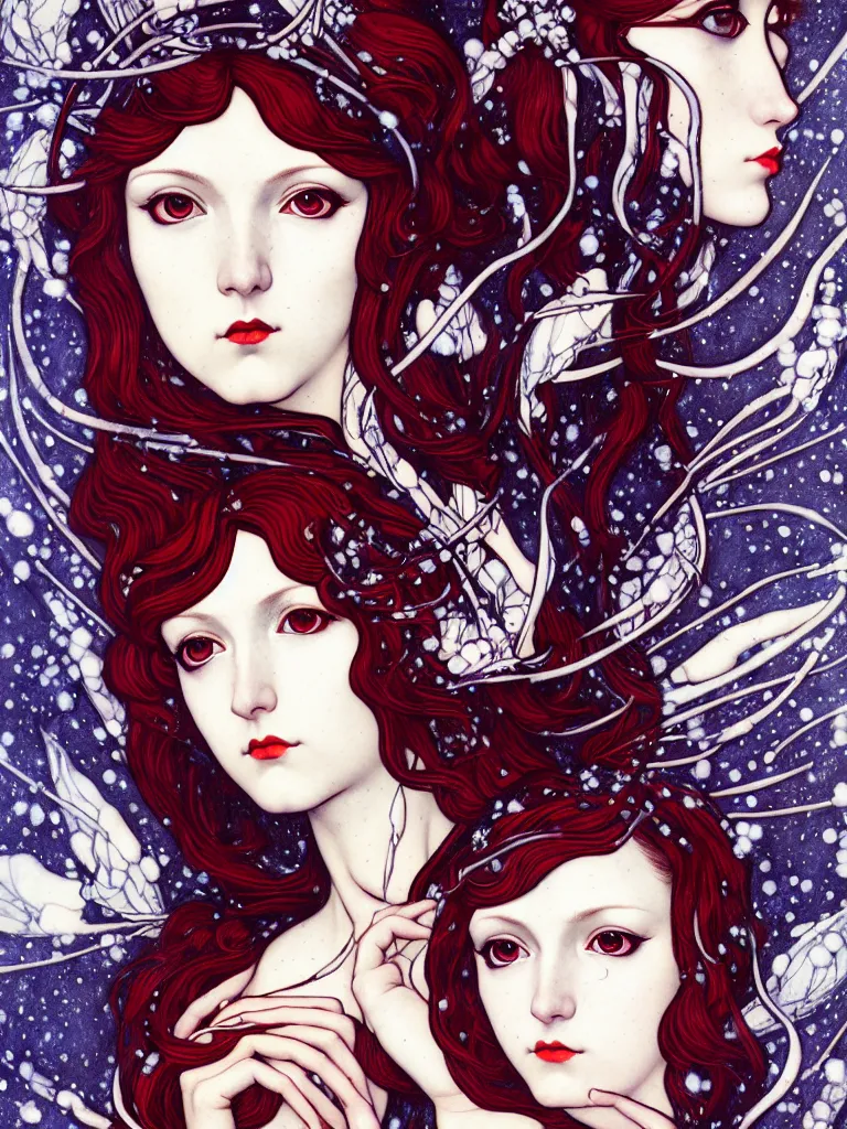 Image similar to 3!!!!!! winter muses, style mix of æon flux, shepard fairey, botticelli, ivan bilibin, john singer sargent, pre - raphaelite, shoujo manga, harajuku fashion, dormant nature, snow, ice, dark muted triad colors, superfine inking, ethereal, 4 k photorealistic, arnold render