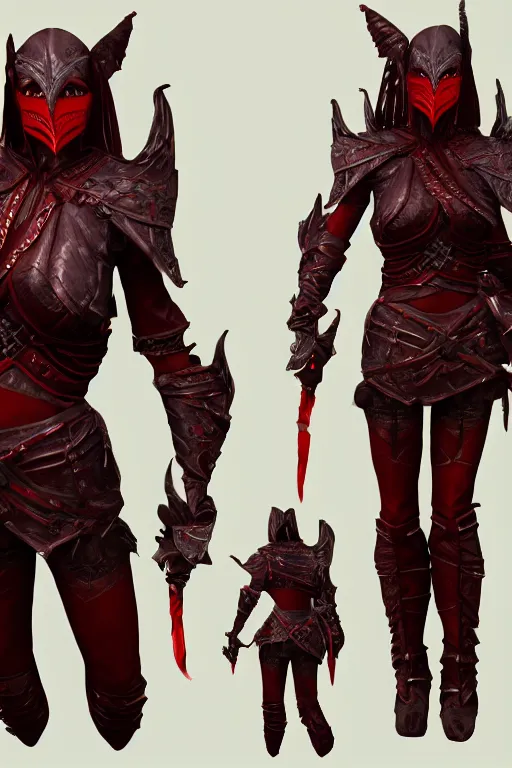 Image similar to female adventurer in tight full - body ebony leather armor of dunmer design with dark red cloth underneath and with a red porcelain crow mask, trending in artstation, establishing shot