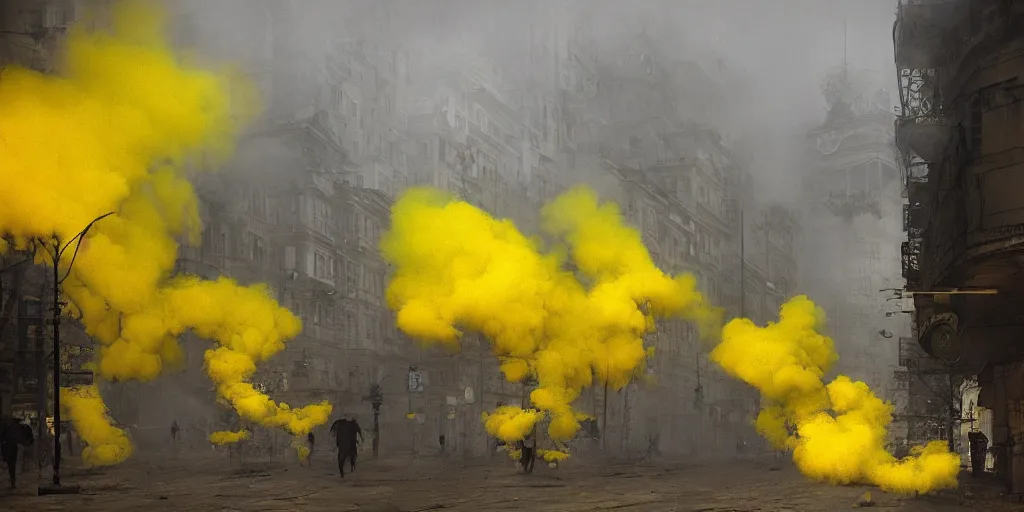 Image similar to kiev city streets covered in yellow and blue smoke, by jeremy mann, by kim keever
