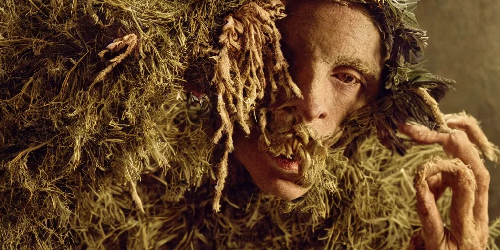 Image similar to portrait of a tyrolean folklore mask, wearing hay coat, with horns, eerie, flowers growing out of his body, detailed intricate insanely detailed octane render, 8k artistic 1920s photography, photorealistic, chiaroscuro, by David Cronenberg, Raphael, Caravaggio