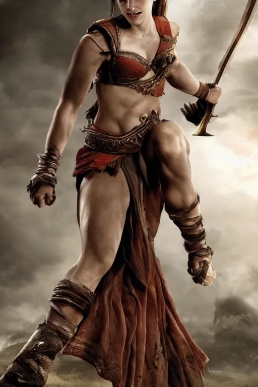 Image similar to Emma Watson as Kratos, brutal, detailed realistic, photorealistic, full body