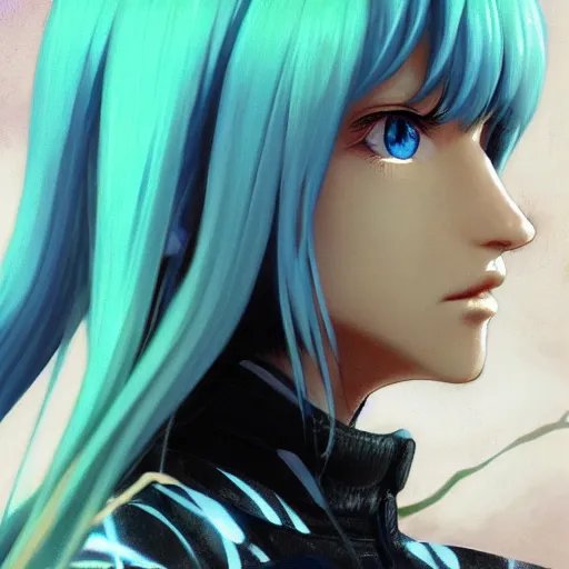 Image similar to profile shot of rimuru tempest, sky blue, straight hair, long bangs, amber eyes, wearing a black jacket with white stripes, high collar, highly detailed, unreal engine 5, digital painting, cinematic, wlop | artgerm, pixiv, yoshitaka amano, greg rutkowski, ilya kuvshinov, andy warhol