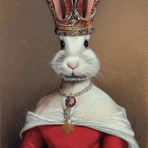 Prompt: a rabbit wearing a crown dressed as a queen, 19th century oil painting