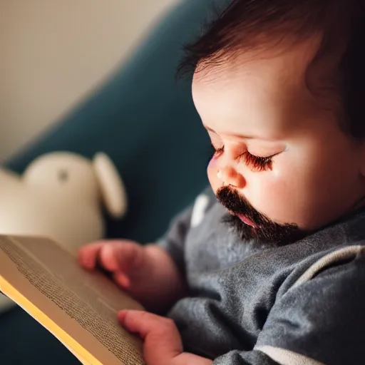 Image similar to baby with a beard crying reading a book