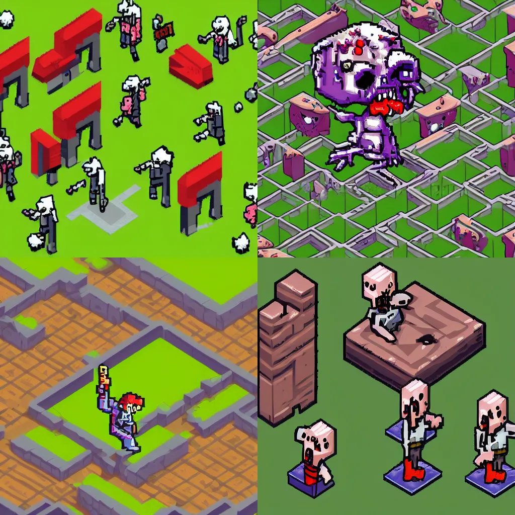 Prompt: zombie, a single video game isometric sprite, hd, high resolution, stylized game art, dark fantasy, 8bit