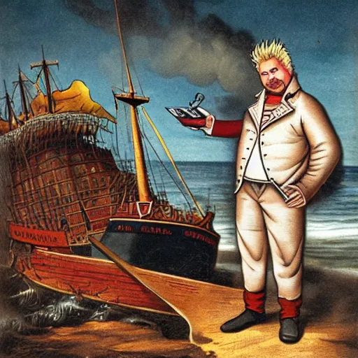 Image similar to guy fieri as a shipwreck survivor, 1 8 0 0 s color engraving by paul revere