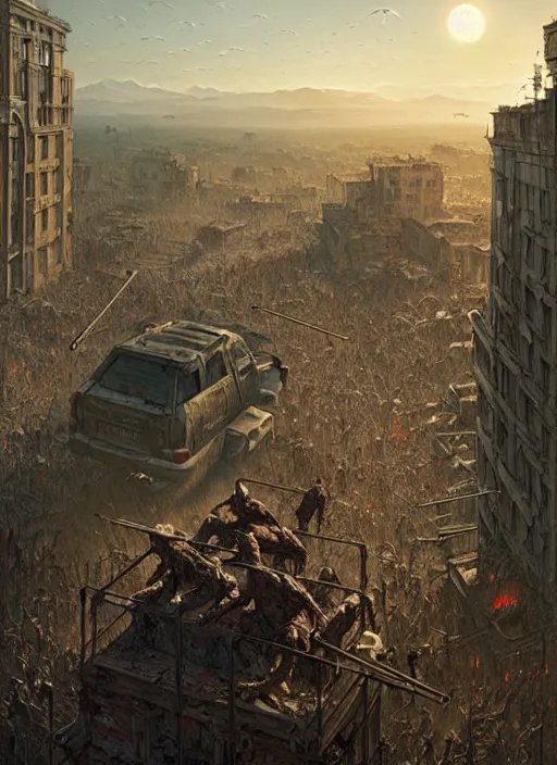 Image similar to masterpiece concept art, zombie apocalypse, by greg rutkowski and geof darrow, 8 k, intricate detail, cinematic lighting