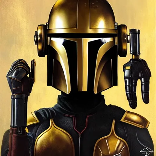 Prompt: Lofi steampunk portrait mandalorian, black and gold armor, gold helmet, Pixar style by Tristan Eaton Stanley Artgerm and Tom Bagshaw