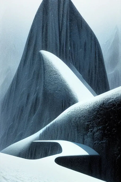 Prompt: a snowy mountain scene by arthur haas and bruce pennington and john schoenherr, cinematic matte painting, minimal modern, zaha hadid building, dark moody color palate,