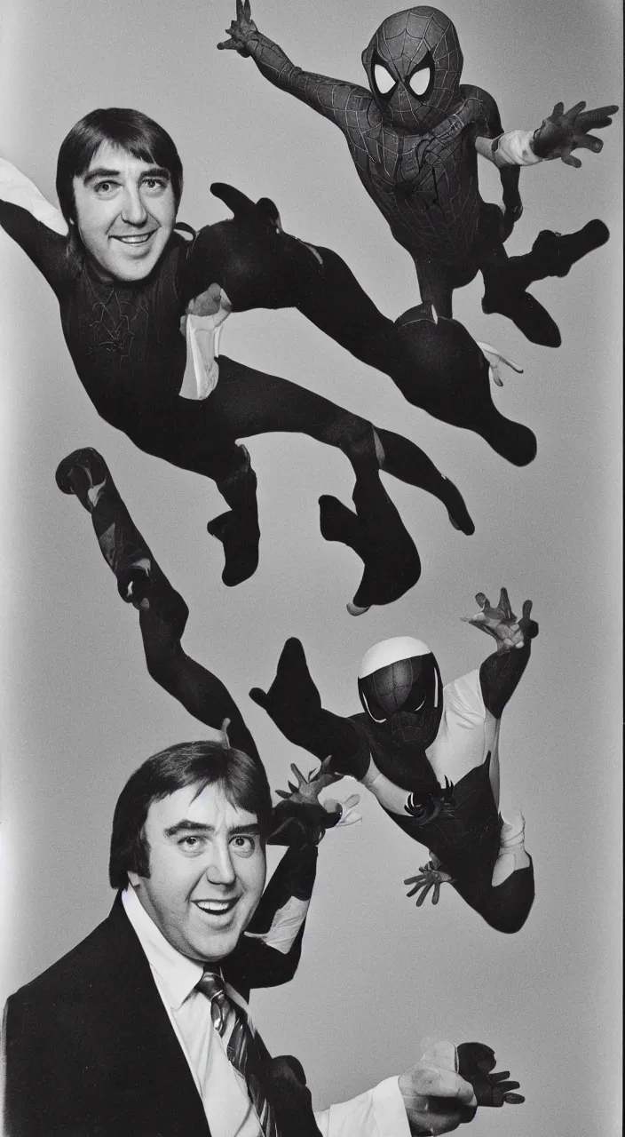 Image similar to 1970s polaroid jimmy tarbuck as spider man without a mask