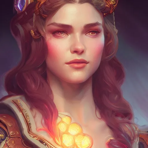 Image similar to close up portrait of a retrowave young woman, D&D, fantasy, intricate, elegant, highly detailed, digital painting, artstation, concept art, matte, sharp focus, illustration, hearthstone, art by Artgerm and Greg Rutkowski and Alphonse Mucha