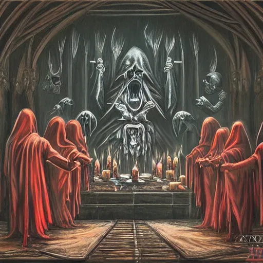 Prompt: painting of evil occult ritual with hooded cult members worship demonic shrine, ultra realistic, concept art, intricate details, eerie highly detailed