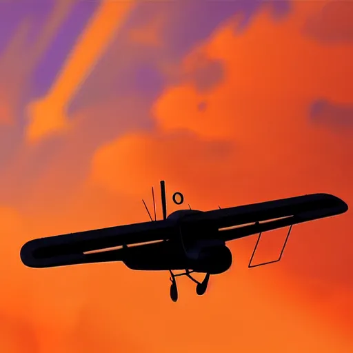 Image similar to the silhouette of a biplane flying through golden clouds at sunset, digital art, detailed, 4 k, artstation