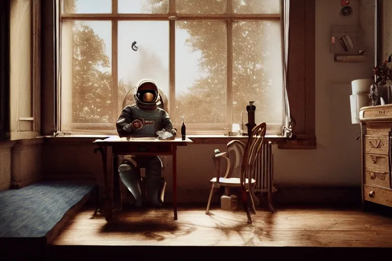 Image similar to a single cosmonaut in a spacesuit drinks a steaming cup of tea at an old wooden desk in a richly decorated Victorian house. the autumn light comes in through a window and dimly illuminates the room, diffuse light, octane render