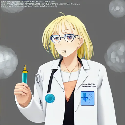 Image similar to A beautiful blonde female scientist, wearing a lab coat, in the style of anime, digital art