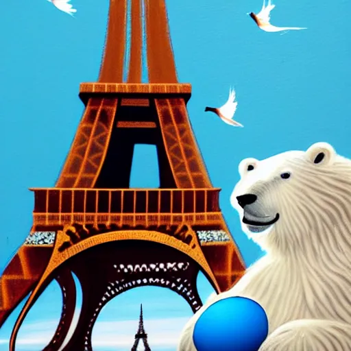 Image similar to A polar bear painting Easter Eggs in front of the Eiffel Tower