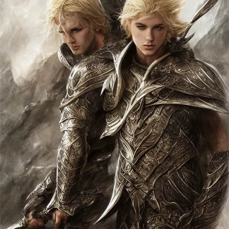 Image similar to elvish blonde male warrior, lord of the rings style, realistic, full body, fantasy, elvish, sharp focus, 8 k high definition, insanely detailed, intricate, elegant, art by stanley lau and artgerm