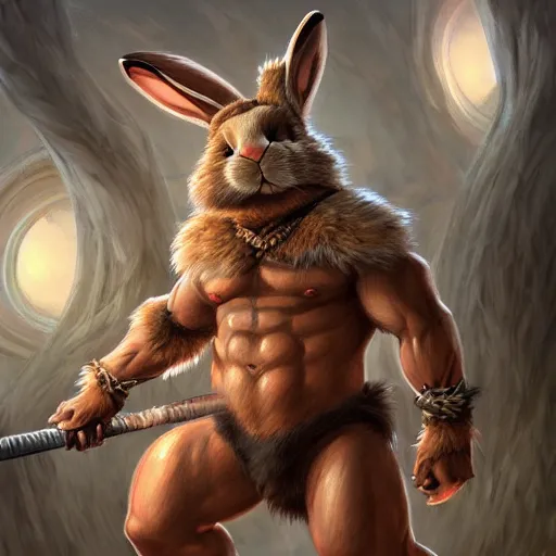 Prompt: portrait of a very cute fursona rabbit barbarian, muscular, wild, d & d, fantasy, intricate, cinematic lighting, highly detailed, digital painting, artstation, concept art, smooth, sharp focus, illustration, art by hajime sorayama