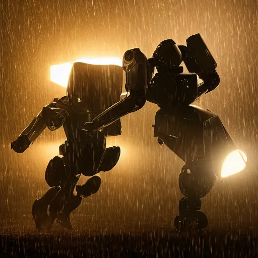 Image similar to 2 robot warriors battling each other in heavy rain, ground fog, lighting, moody lighting, 8 k, shallow depth of field, cinematic lighting,