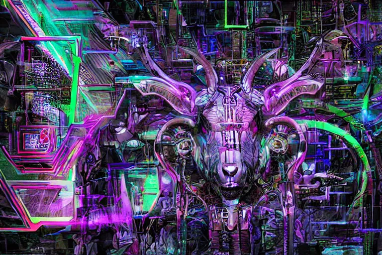 Image similar to complex cyberpunk machine background merged with evil cybernetic goat head in center focus, multicolored digital art