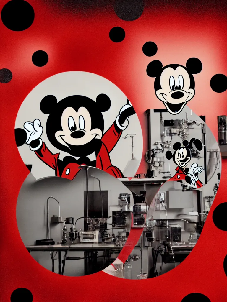 Prompt: hyperrealistic photo of evil scientists in military laboratory, single giant destroyed mickey mouse face, netflix logo, military base, colored gels, studio photography, 3 5 mm film look by denis villeneuve