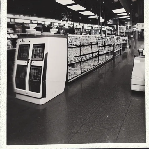 Image similar to Vintage Photograph of a futuristic time machine inside of a grocery store, shallow depth of field, awkward, out of place, polaroid 600 Color