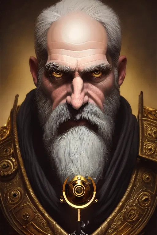 Image similar to portrait of a middle aged grey haired man in a monocle in the style of god of war, golden machine parts, intricate, elegant, highly detailed, digital painting, artstation, concept art, smooth, sharp focus, illustration, art by artgerm and greg rutkowski and alphonse mucha, 8 k