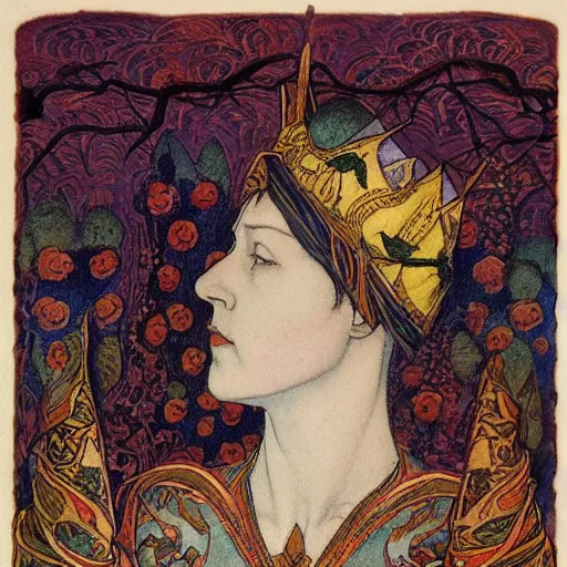 Prompt: the lantern crown, by Annie Swynnerton and Nicholas Roerich and (((Edmund Dulac))), embroidered brocade, tattoos, elaborate costume, geometric ornament, symbolist, rich colors, dramatic lighting, smooth, sharp focus, extremely detailed