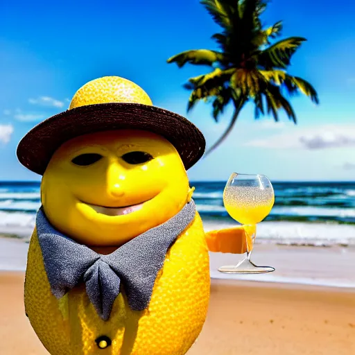 Prompt: a 5 0 mm photograph, of a real anthropomorphic lemon character, it has lemon skin texture, it's wearing fedora and holding a glass of lemon, building a sandcastle on the beach, at sunset, beach, huge waves, bright sun, turbid clouds, tropical trees, rim light, sand, sandcastle, volumetric lightening, pentax k